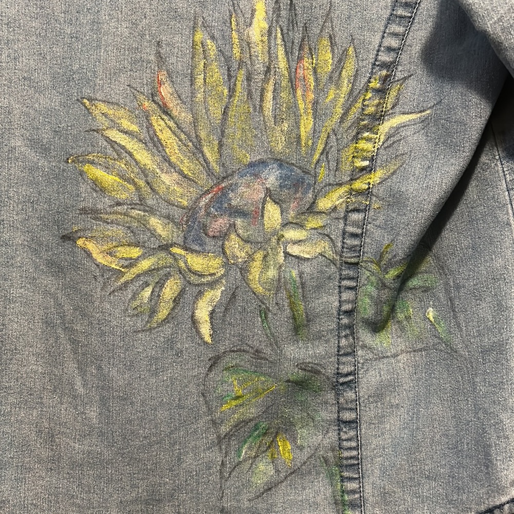 Handpainted jean shirt. Sunflower Art designed by Kay. Unique, one of a kind